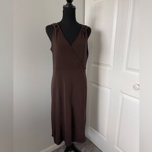 Willi Smith Brown Sleeveless Midi Dress with Knot Shoulder Detail – Size Large